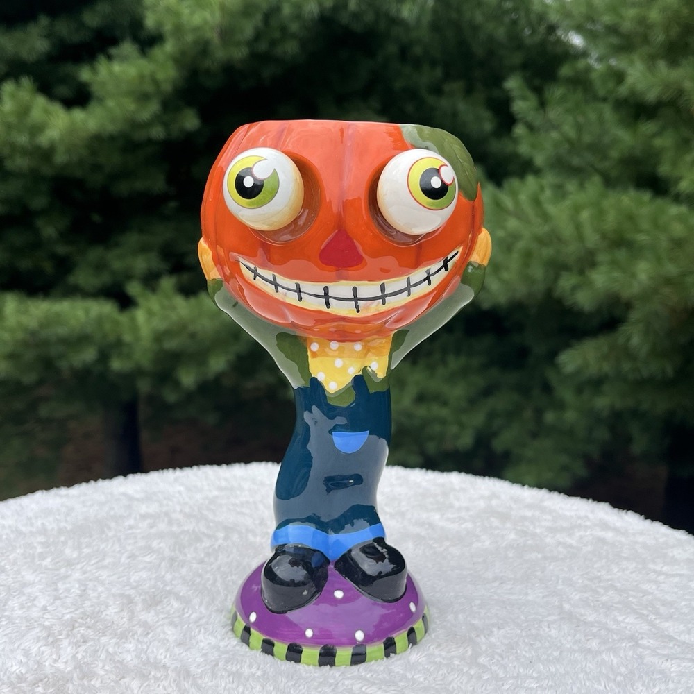 Vintage Halloween Pumpkin Bobble Eyed Mug 9" Scarecrow Candy Dish Bowl w Box